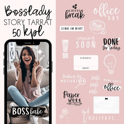 Vaalean, mustan ja vaaleanpunaisen sävyiset Boss Lady Instagram tarinoiden tarrat Loov.fi