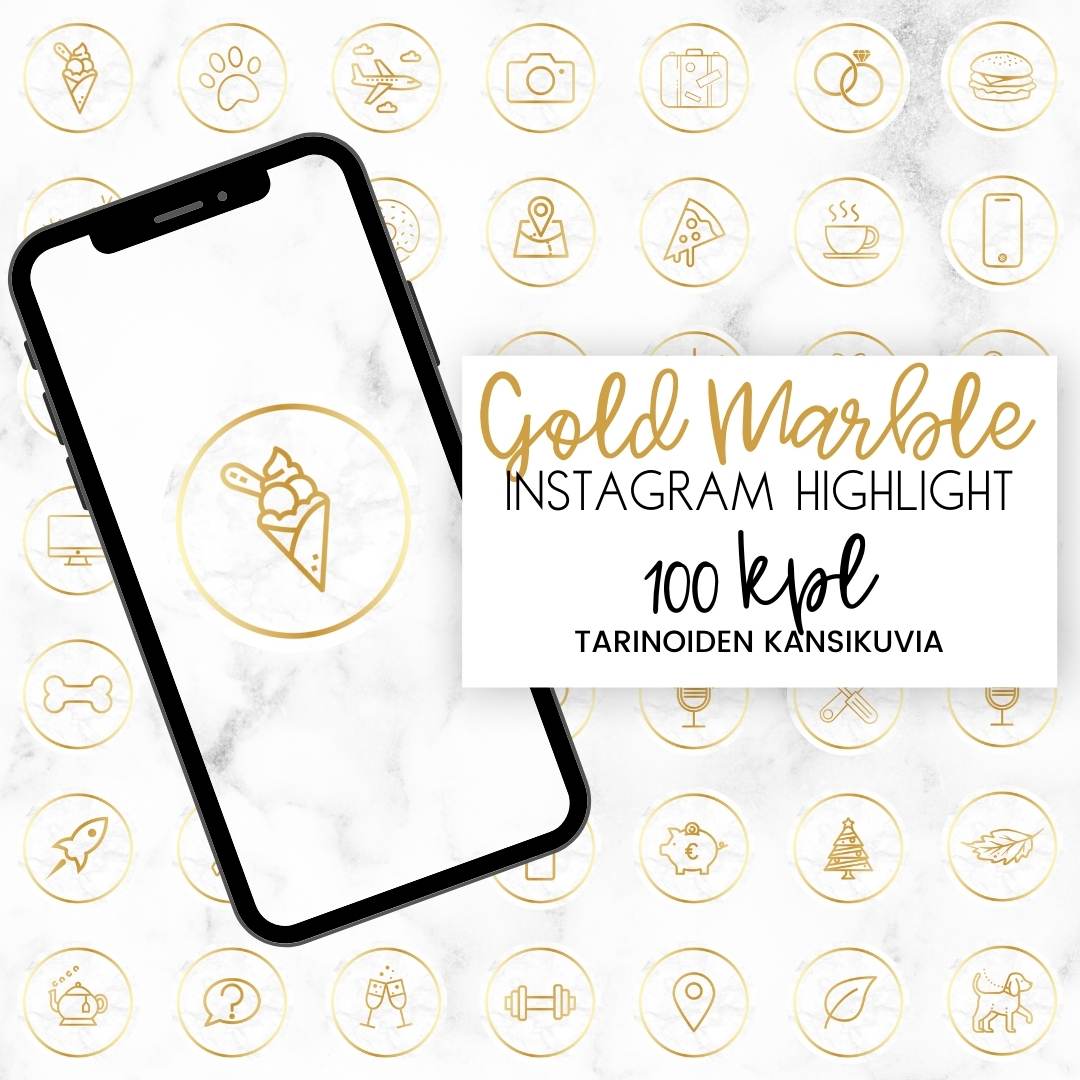 Tyylikäs Gold Marble keltakulta ja marmorin sävyiset Instagram kohokohtien kansikuvat Canva-mallipohjat Loov.fi