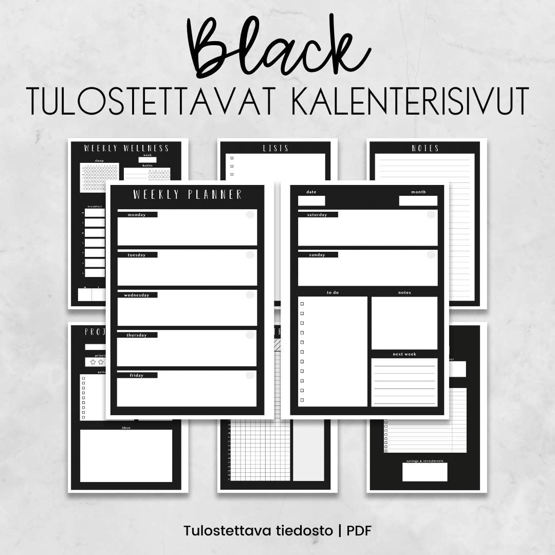 Tulostettava Black mustavalkoinen kalenterisivu-paketti Loov.fi