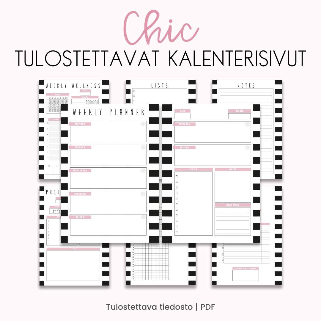Tulostettava vaaleaa ja hieman vaaleanpunaista sävyä sisältävä Chic kalenterisivu-paketti Loov.fi