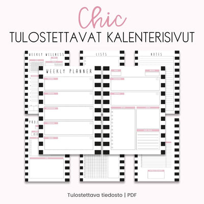 Tulostettava vaaleaa ja hieman vaaleanpunaista sävyä sisältävä Chic kalenterisivu-paketti Loov.fi