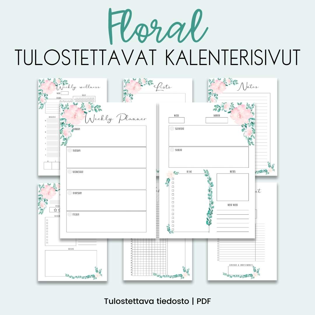 Tulostettava kukkasilla koristeltu Floral kalenterisivu-paketti Loov.fi
