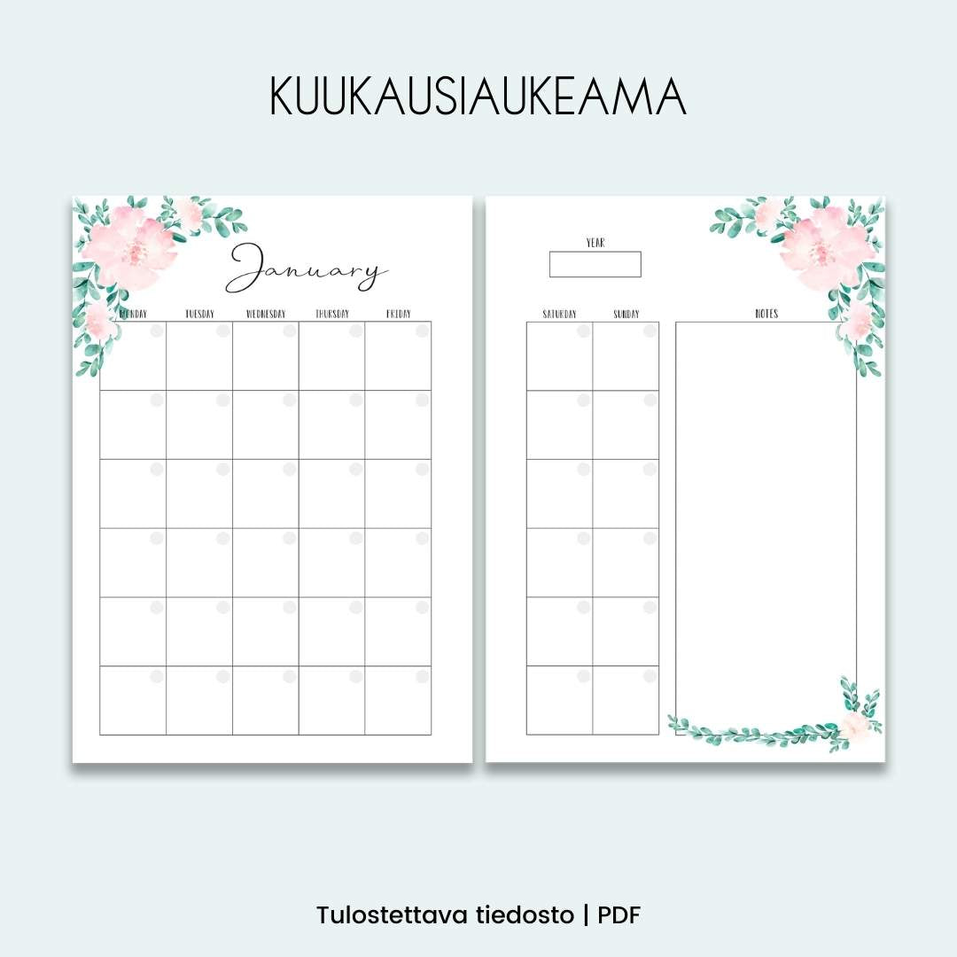 Loov.fi tulostettavien Floral kalenterisivujen avulla sanot hyvästi vuosittain uusittaville kalenterisivuille