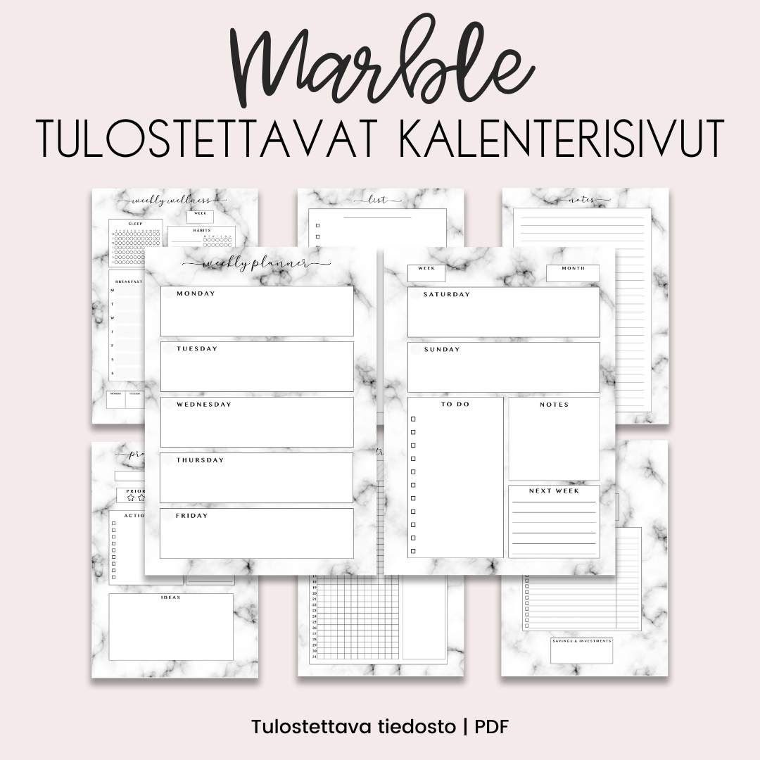  Tulostettava vaalean marmorin sävyinen Marble kalenterisivu-paketti Loov.fi