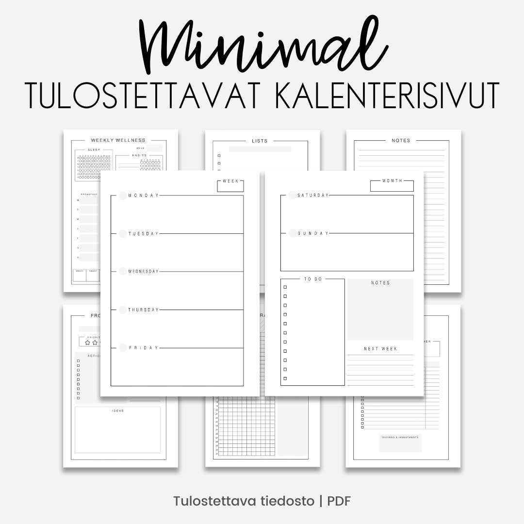 Tulostettava minimalistinen ja yksinkertainen kalenterisivu-paketti Loov.fi