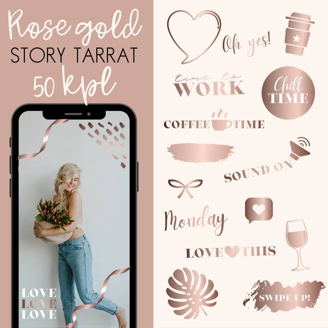 Käyttövalmiit ruusukullan sävyiset Rose Gold Instagram tarinoiden tarrat sosiaaliseen mediaan Loov.fi